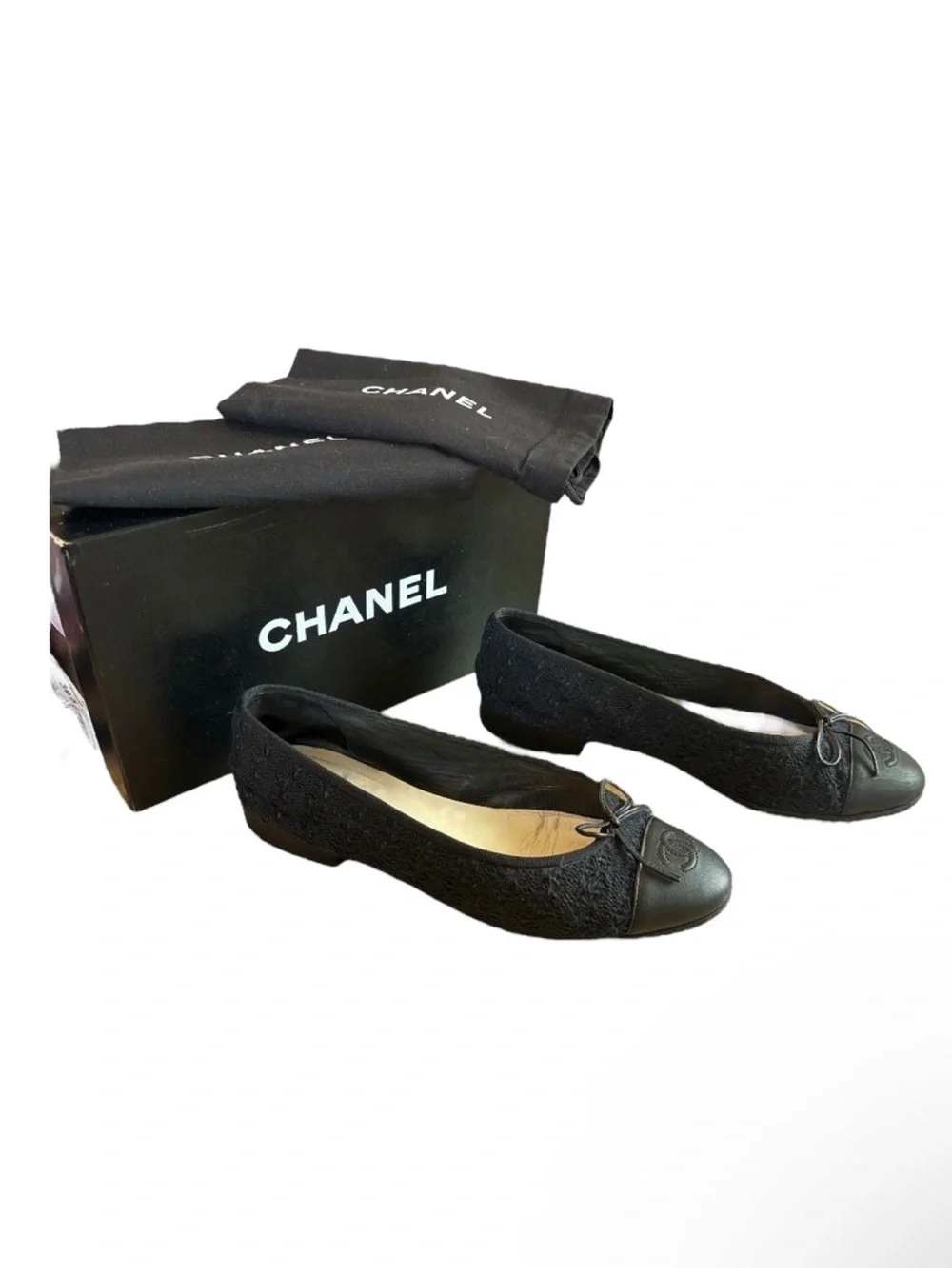 CHANEL CC Cap Toe Ballet Flats EU 39.5 US 9.5 Black Tweed Crochet Lambskin Shoe